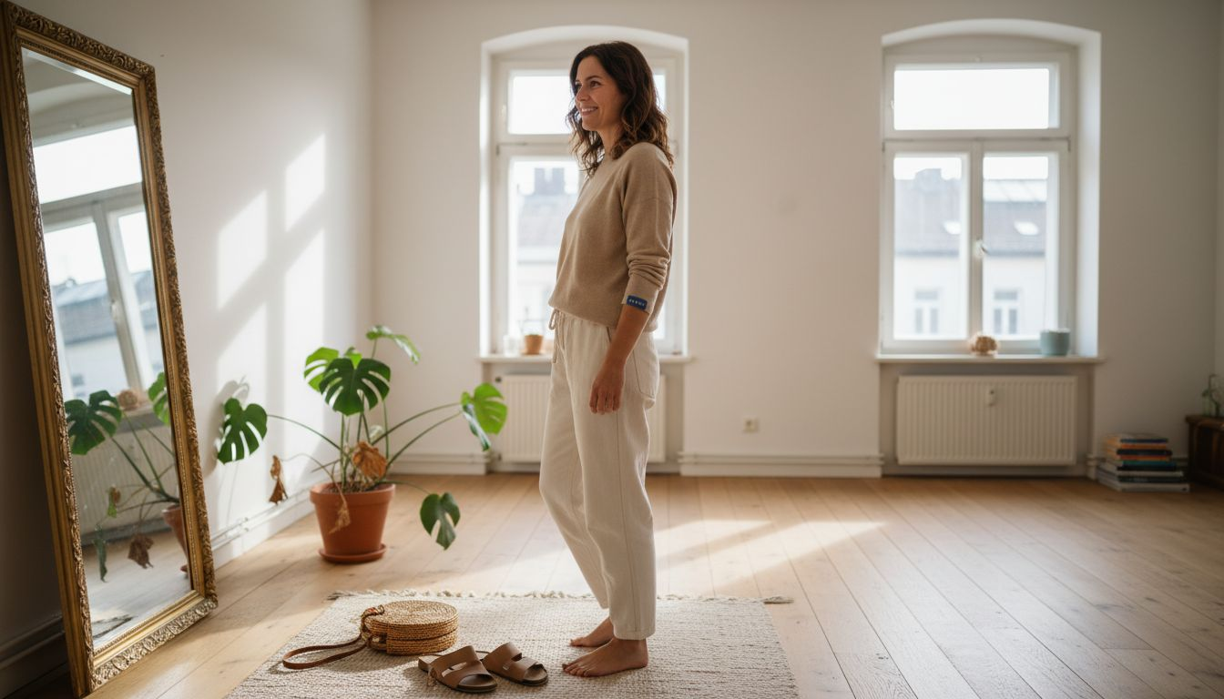 Eine Frau zeigt, wie sie nachhaltige Mode stilvoll in ihrem Wohnzimmer in Szene setzt.