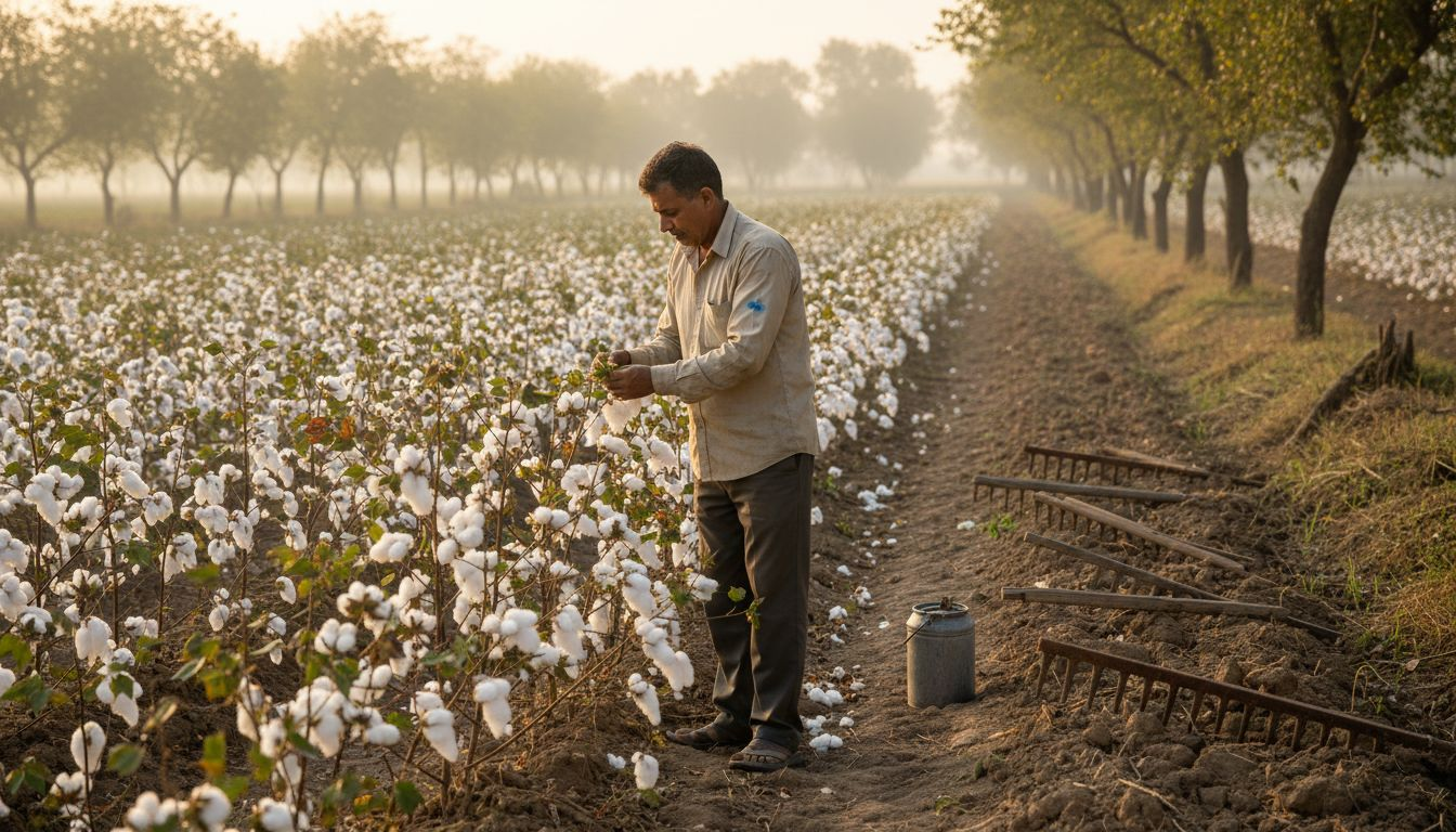 Ein Landwirt begutachtet auf seinem Feld die Entwicklung der Bio-Baumwolle.