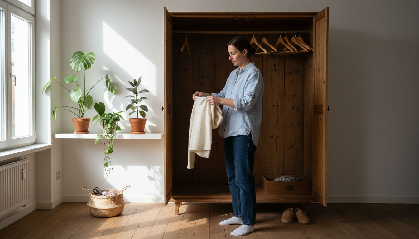 Eine Frau sortiert ihren Pullover sorgfältig in einen nachhaltigen Kleiderschrank ein.