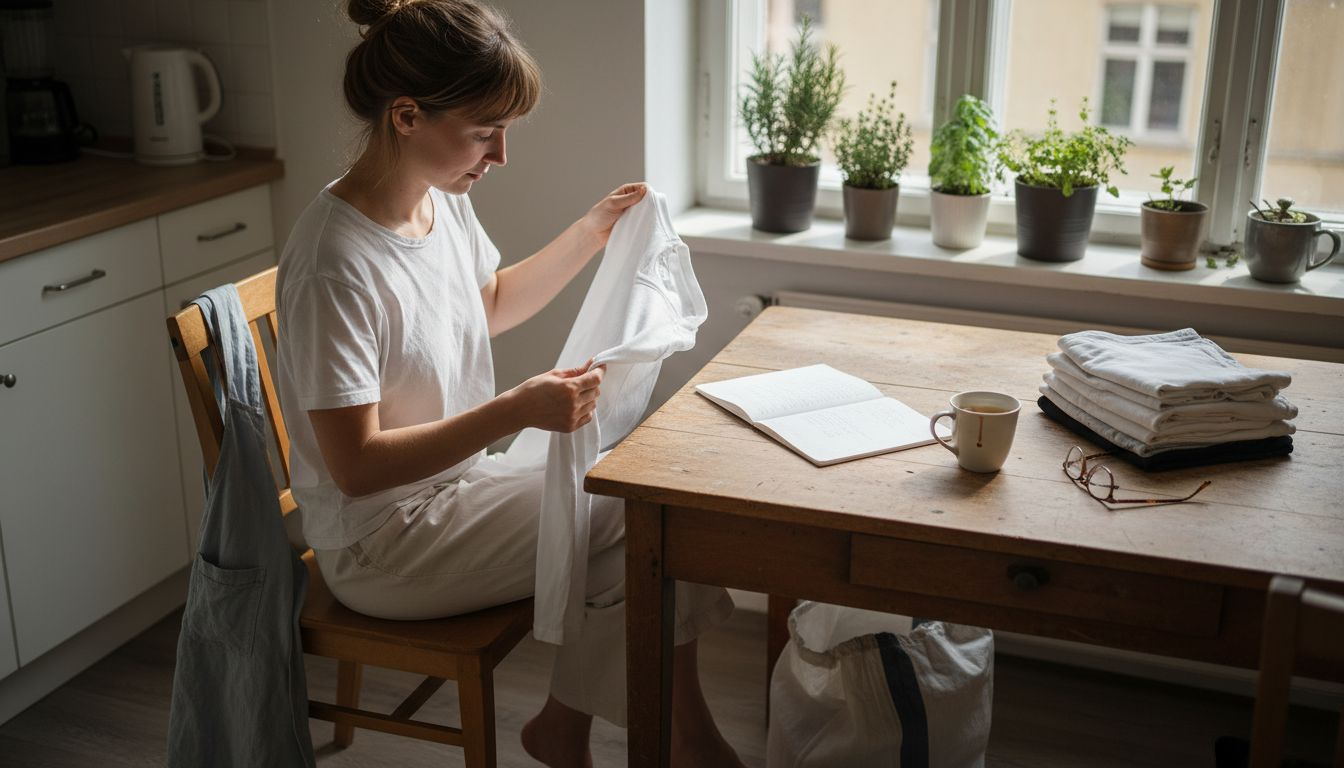 Eine Frau betrachtet ein Bio-Baumwollshirt im Sonnenlicht und prüft die Qualität des Stoffs.
