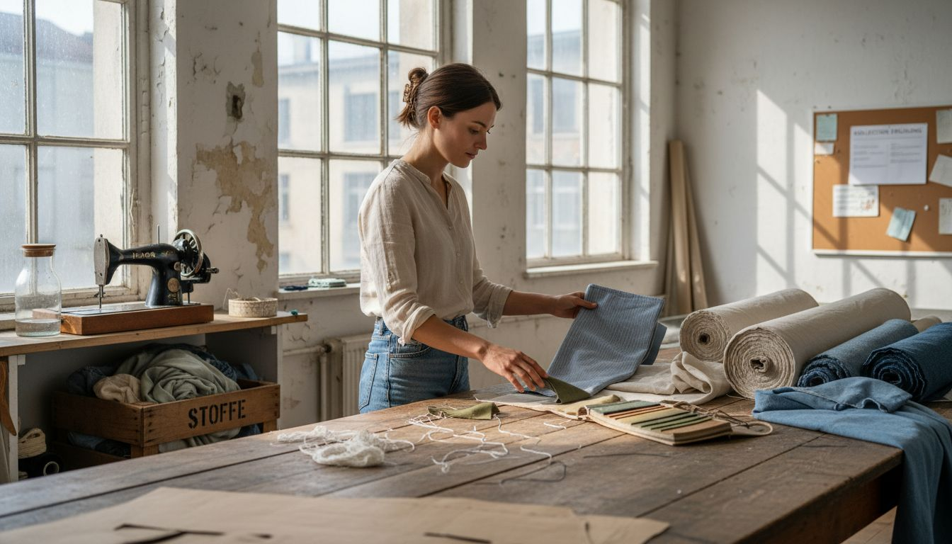 Modedesignerin arbeitet im Atelier mit nachhaltigen Stoffen