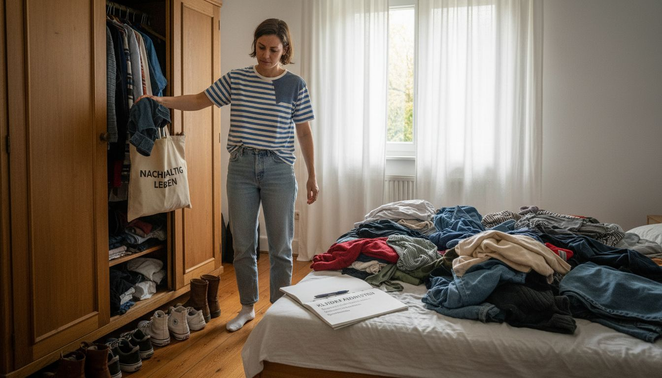 Eine Frau räumt bei strahlendem Sonnenschein ihr Schlafzimmer auf und sortiert dabei ihre Kleidung.