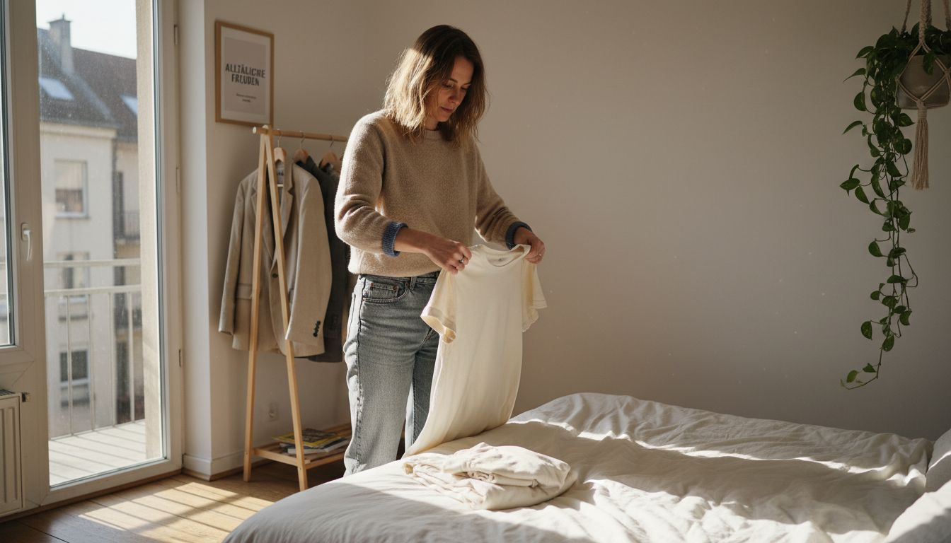 Eine Frau sortiert und faltet ihre Basics in ihrem modernen Schlafzimmer in der Stadt.