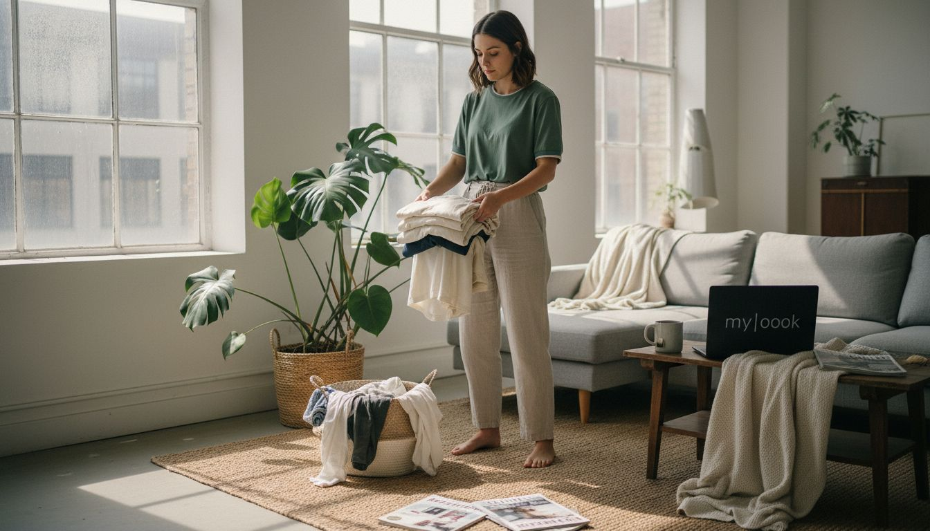 Eine Frau legt sorgfältig Kleidung aus Bio-Baumwolle im lichtdurchfluteten Wohnzimmer zusammen.