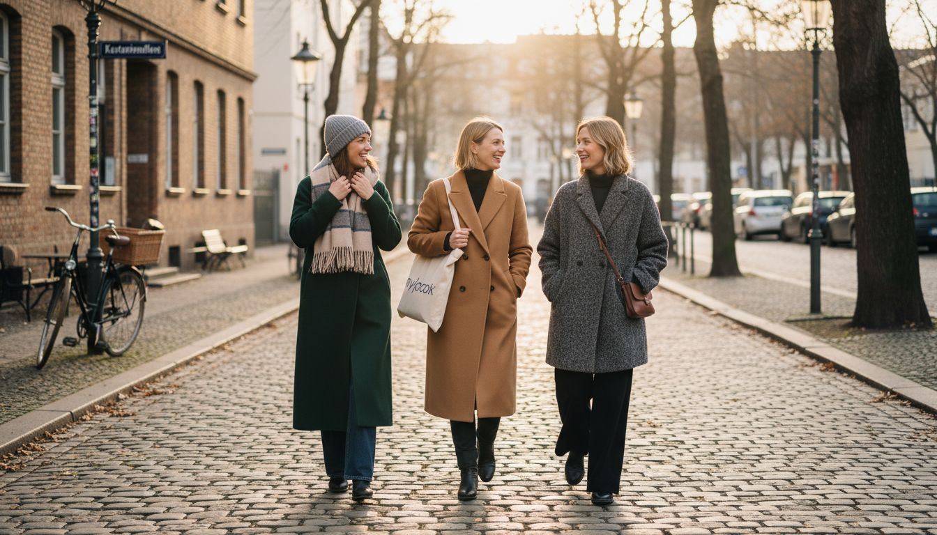 Drei Frauen spazieren in nachhaltigen Mänteln durch die Straßen Berlins.