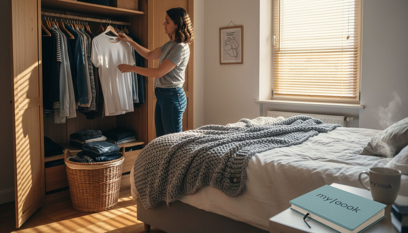 Eine Frau steht vor ihrem Kleiderschrank und sucht sich ein schlichtes Shirt aus.