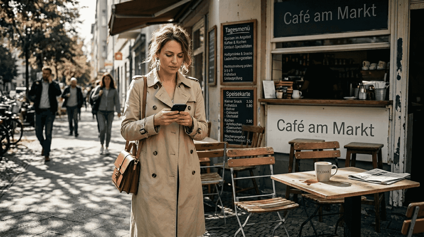 Eine stilvoll gekleidete Frau mit klassischen Accessoires spaziert den Gehweg entlang.