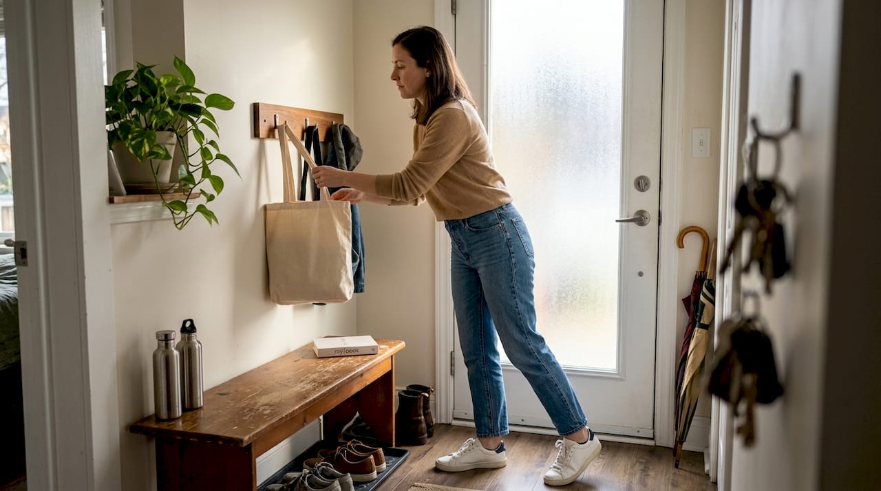 Im Flur entscheidet sich eine Frau für nachhaltige Accessoires.
