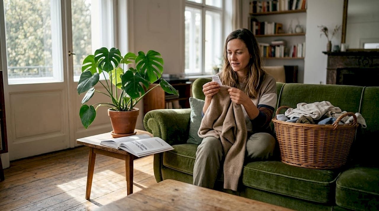 Eine Frau schaut sich die Etiketten veganer Kleidung ganz genau an, um sicherzugehen, dass sie wirklich tierfrei und nachhaltig produziert wurde.