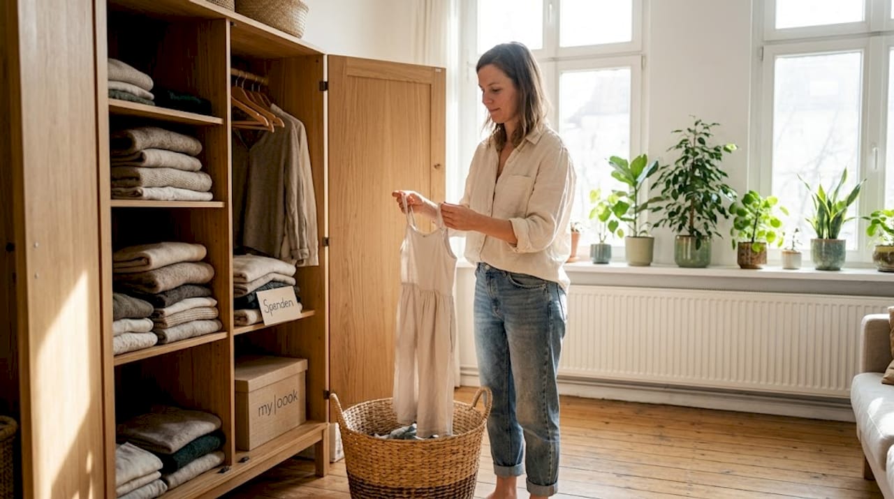 Eine Frau stellt zuhause ihre nachhaltige Garderobe zusammen und sortiert bewusst umweltfreundliche Kleidungsstücke aus.