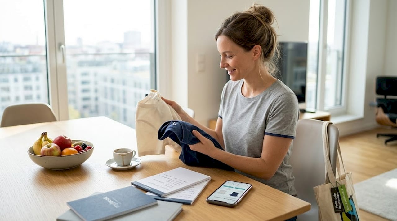 Am Esstisch begutachtet eine Frau ihre neu gekaufte Fairtrade-Mode.