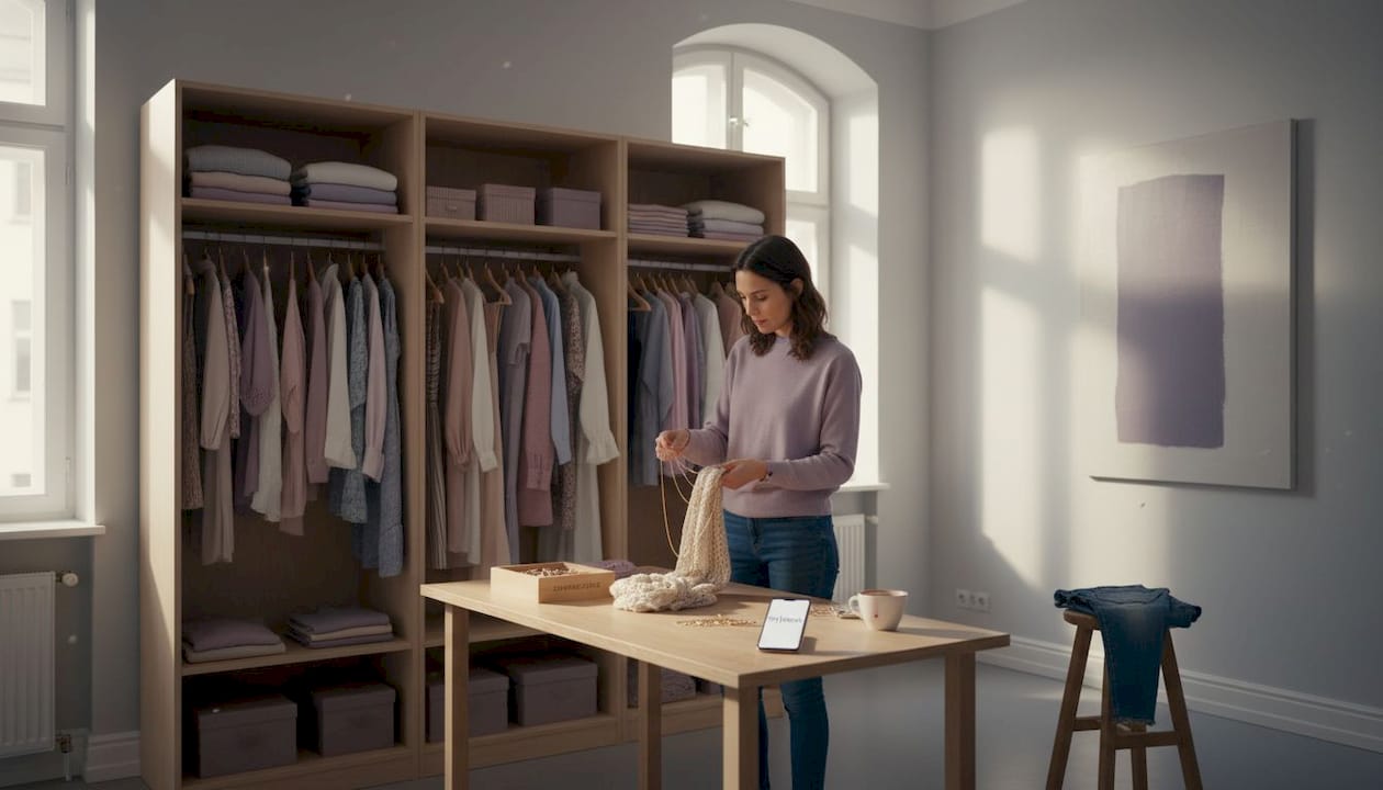 Eine Frau ordnet ihre Accessoires vor dem Kleiderschrank.
