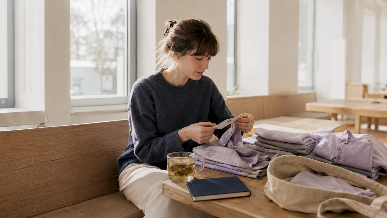 Eine junge Frau schaut sich aufmerksam die Etiketten von nachhaltiger Mode an, um mehr über Herkunft und Materialien der Kleidung zu erfahren.