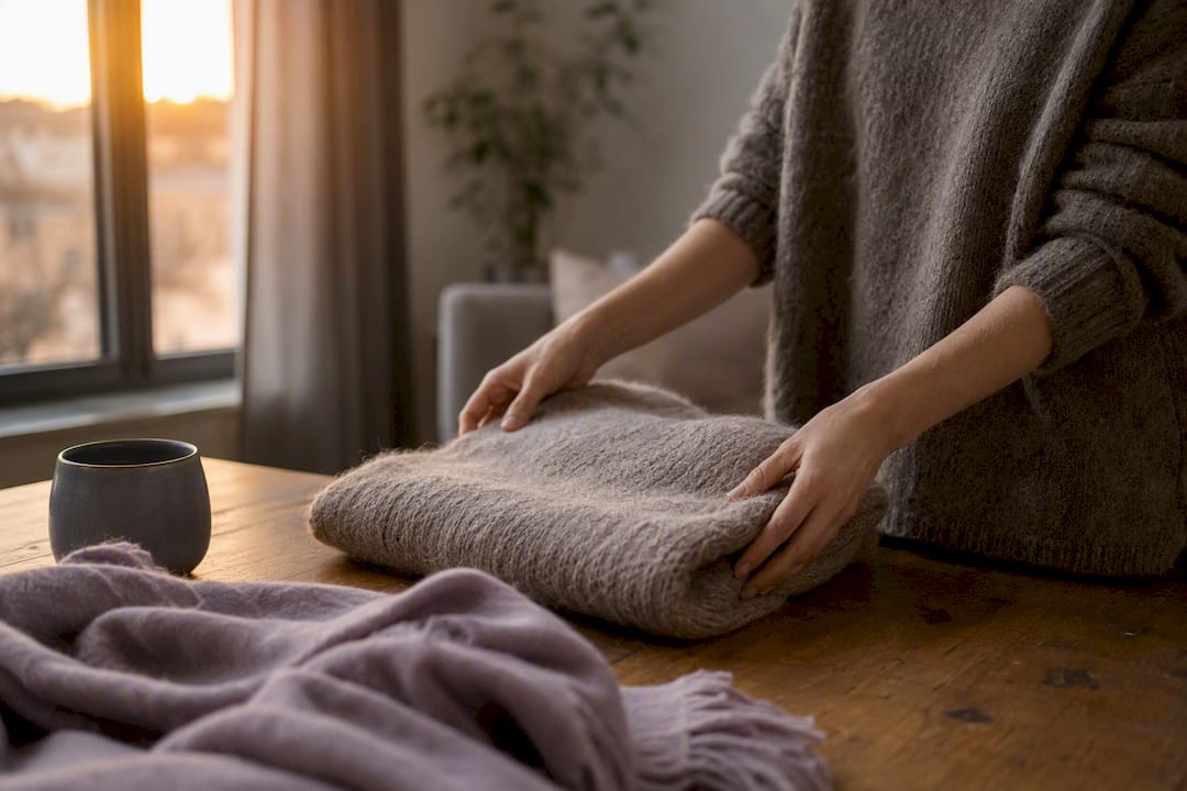 Hände legen einen Alpaka-Pullover passend zur Saison zurecht.