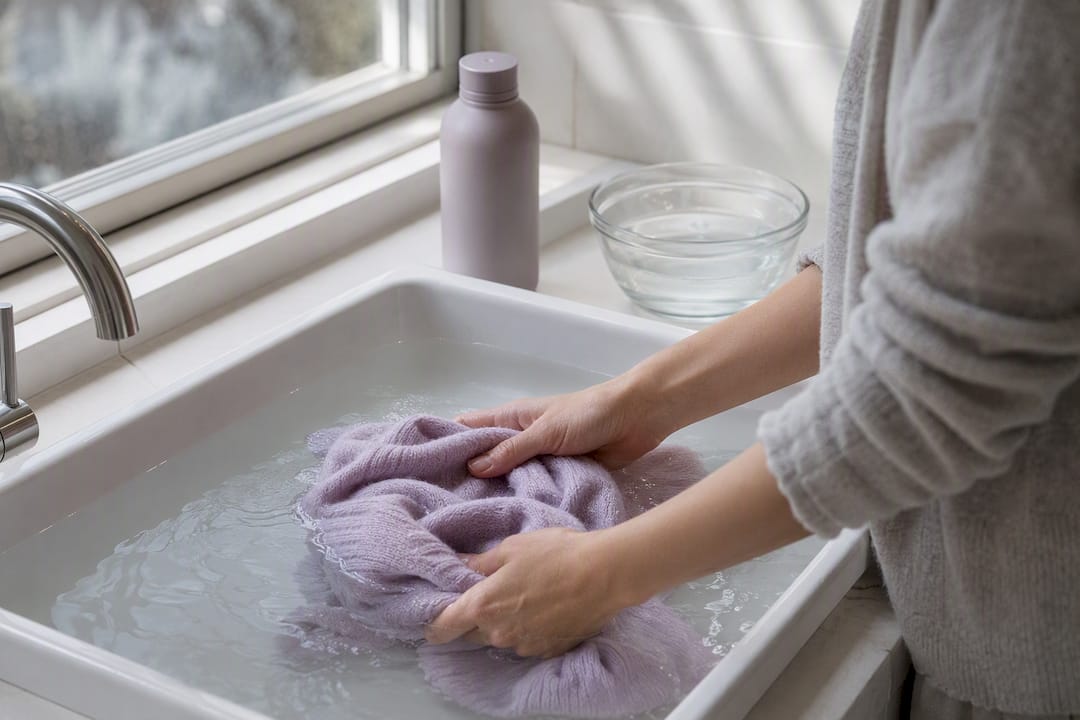 Hand taucht Wollpullover in Essigbad ein