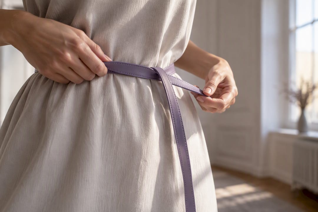 Hände binden einen Gürtel um ein Kleid