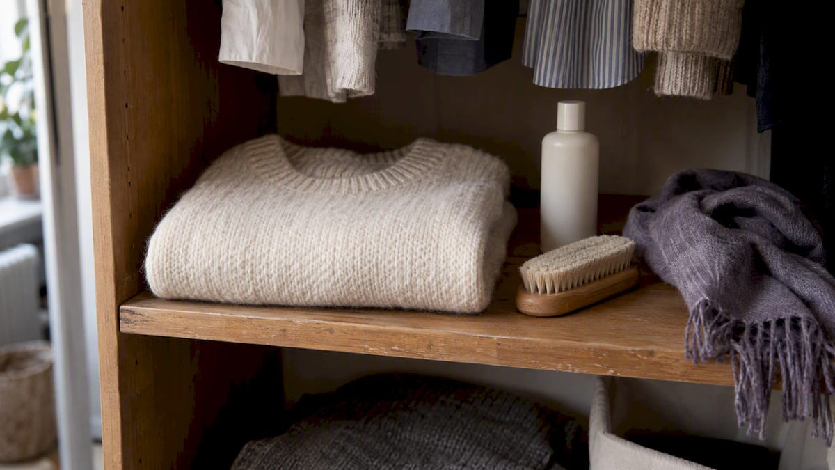 Gefalteter Wollpullover mit minimalistischem Pflegezubehör