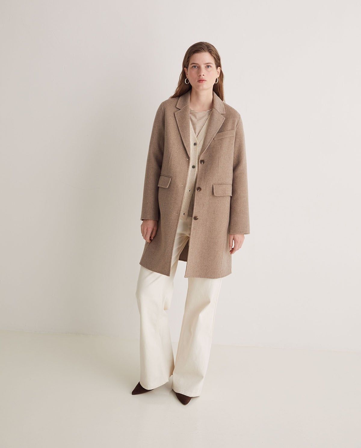 Midi Wollmantel – Nahaufnahme in Hellbraun #farbe_Hellbraun