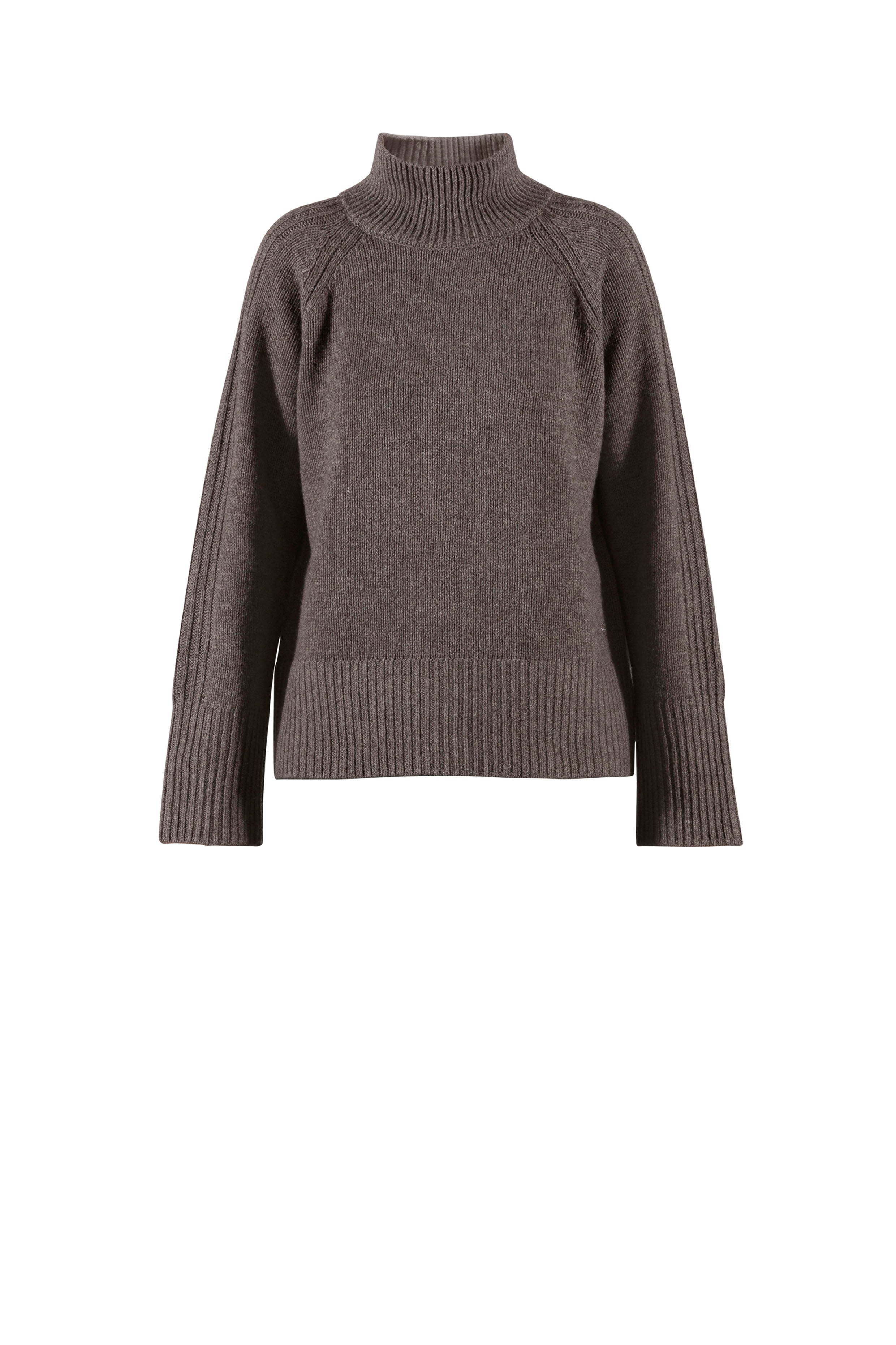 Stehkragen Pullover – Halbnahaufnahme in Dunkelbraun #farbe_Dunkelbraun
