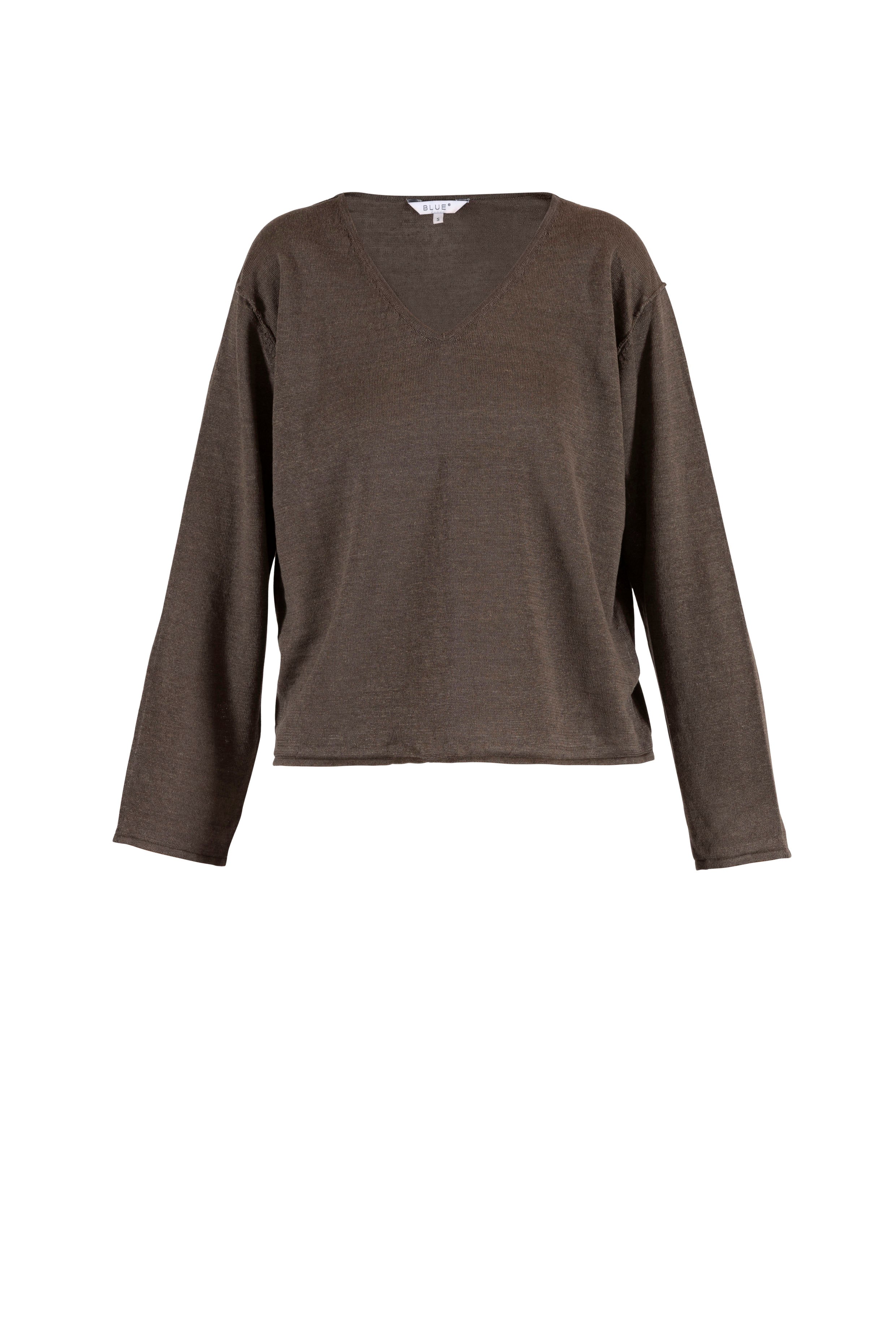 Brauner dünner Leinen Pullover mit V-Ausschnitt #farbe_coffee
