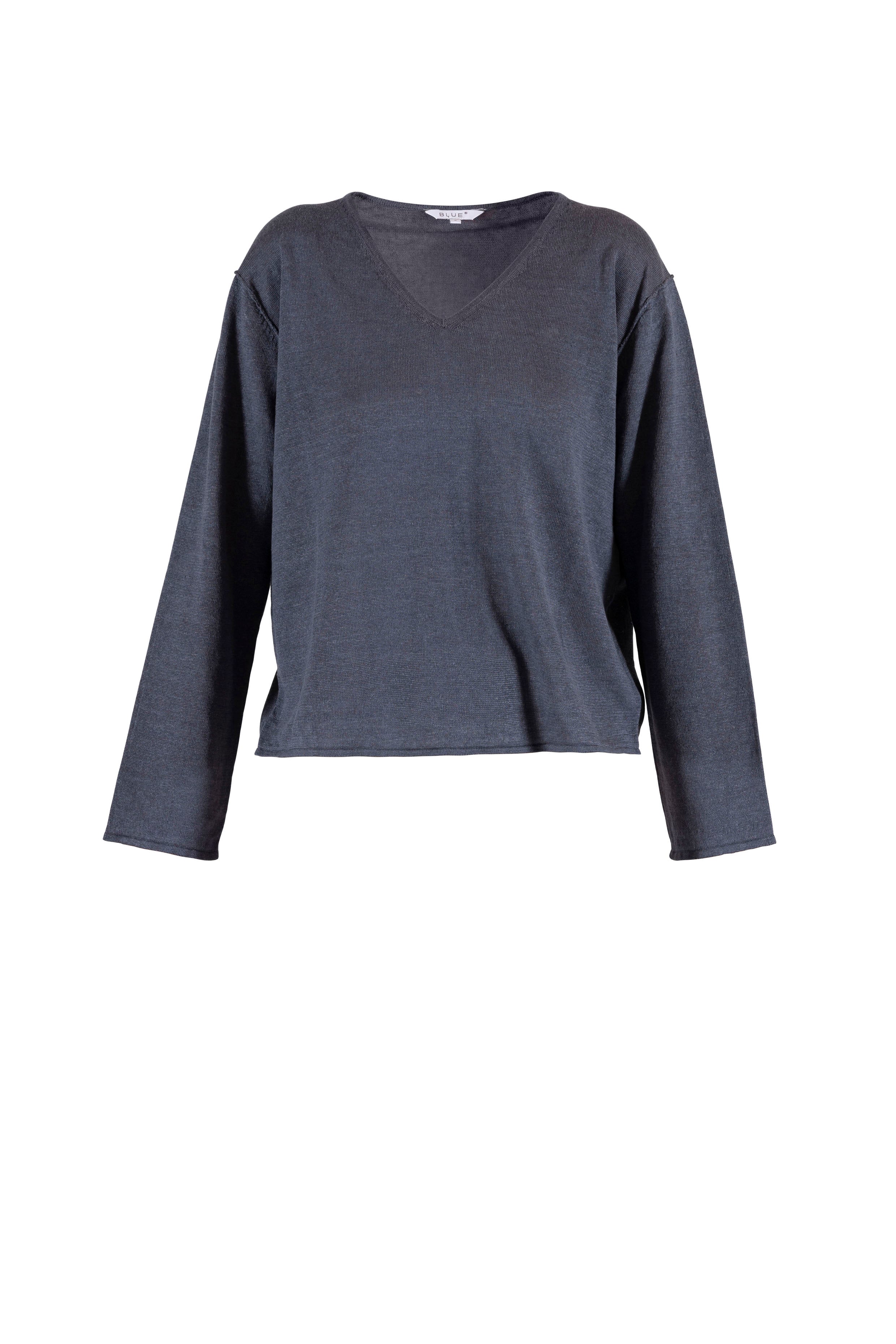 Blauer dünner Leinen Pullover mit V-Ausschnitt #farbe_dusty navy