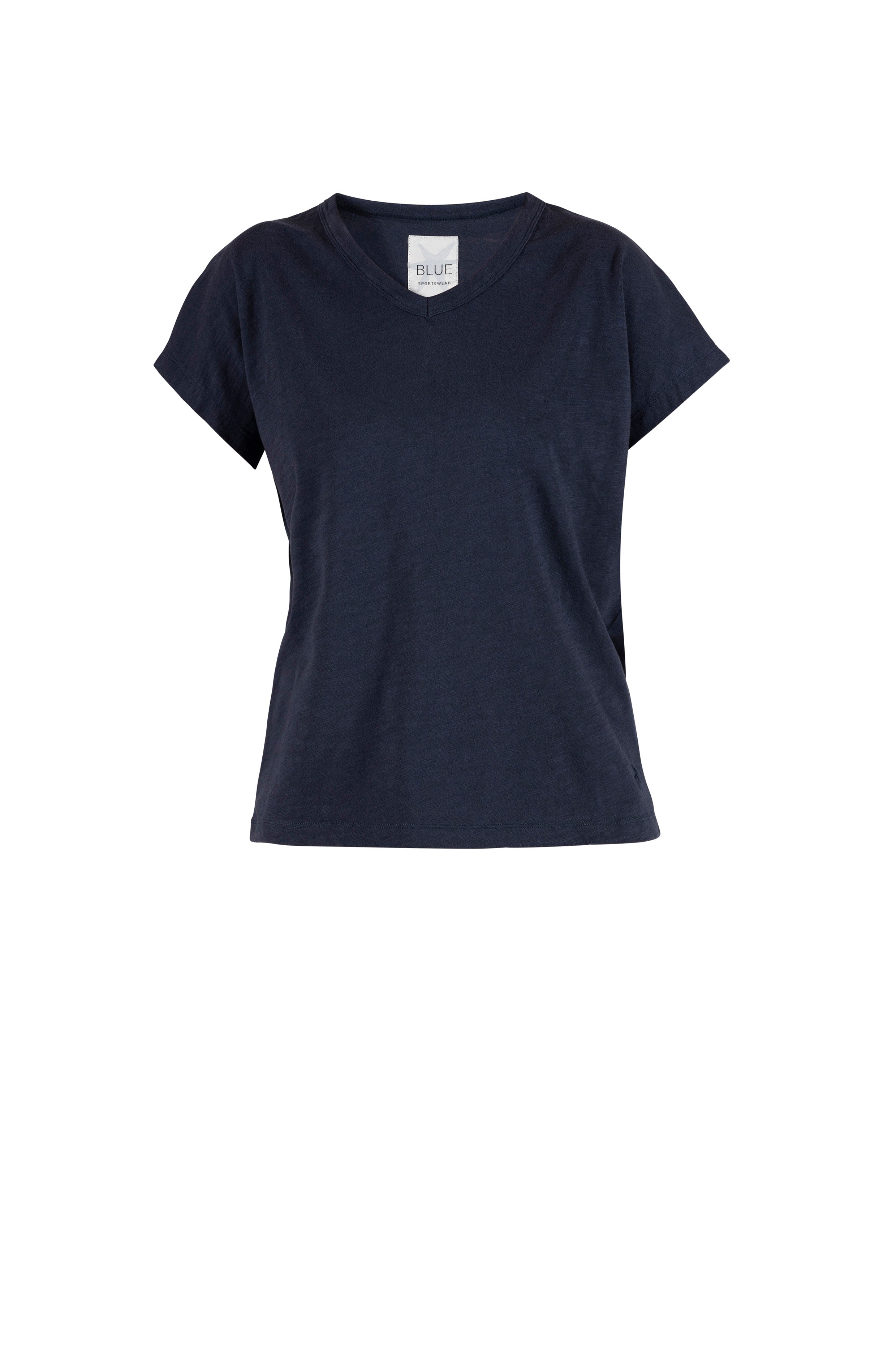 Lydia Flamé Tee Blue Sportswear in Navy, Frontansicht mit V-Ausschnitt und strukturierter Flamé-Oberfläche #farbe_navy