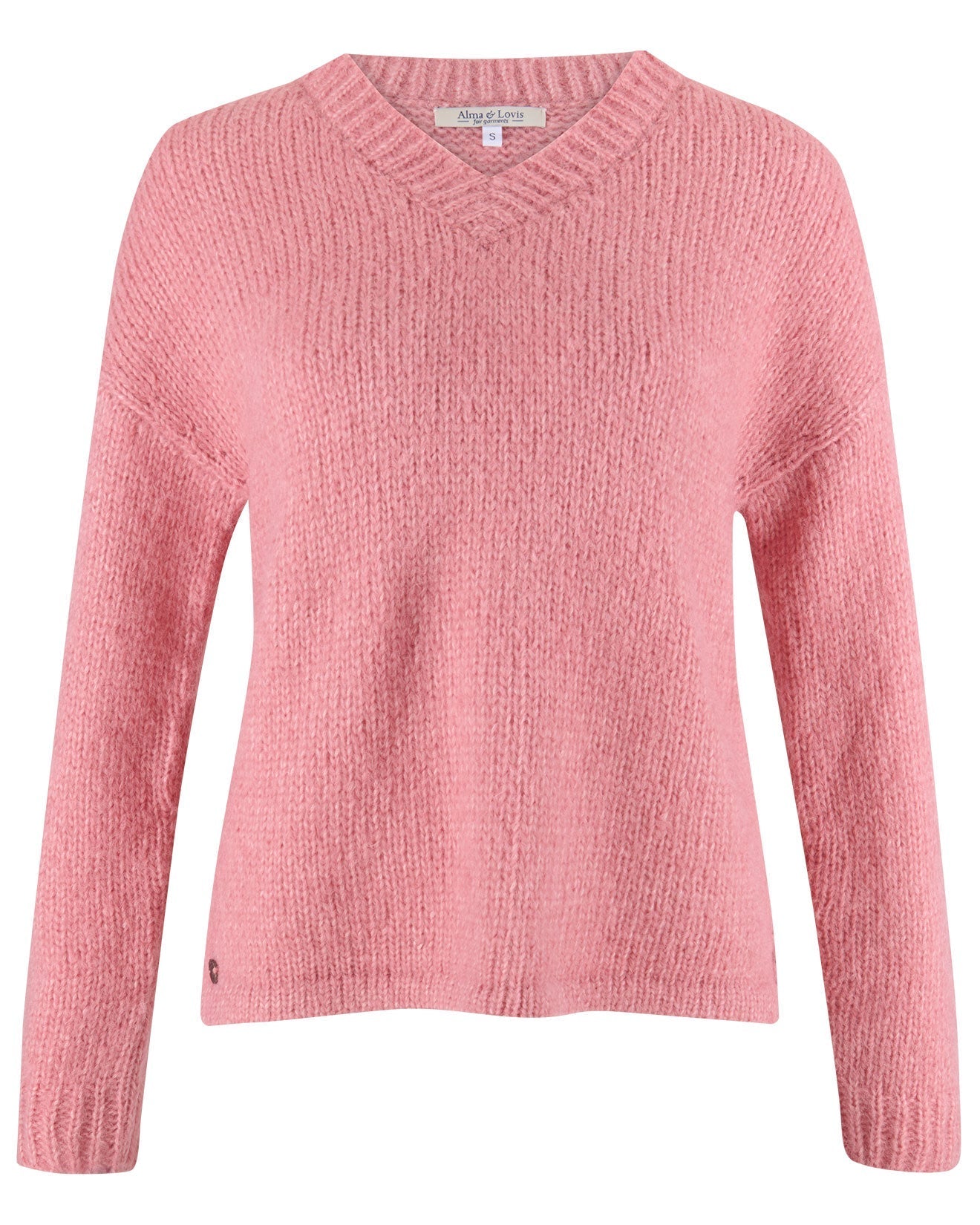 Suri V-Neck Pullover in Lachs – Detailansicht Verarbeitung #farbe_lachs