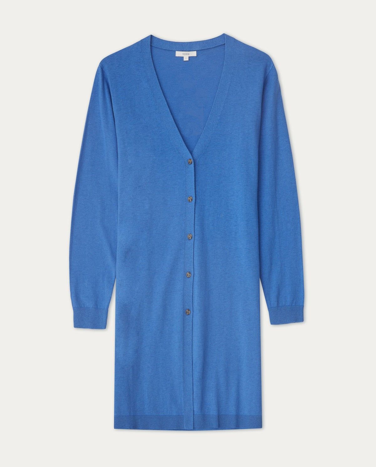 Lange Strickjacke mit Knöpfen – Vorderansicht in Indigo myloook #farbe_indigo