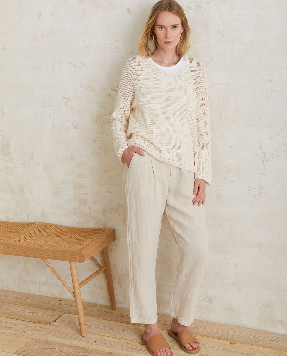 Pointelette-Baumwollpullover in Natur – Ganzkörperansicht myloook #farbe_natur