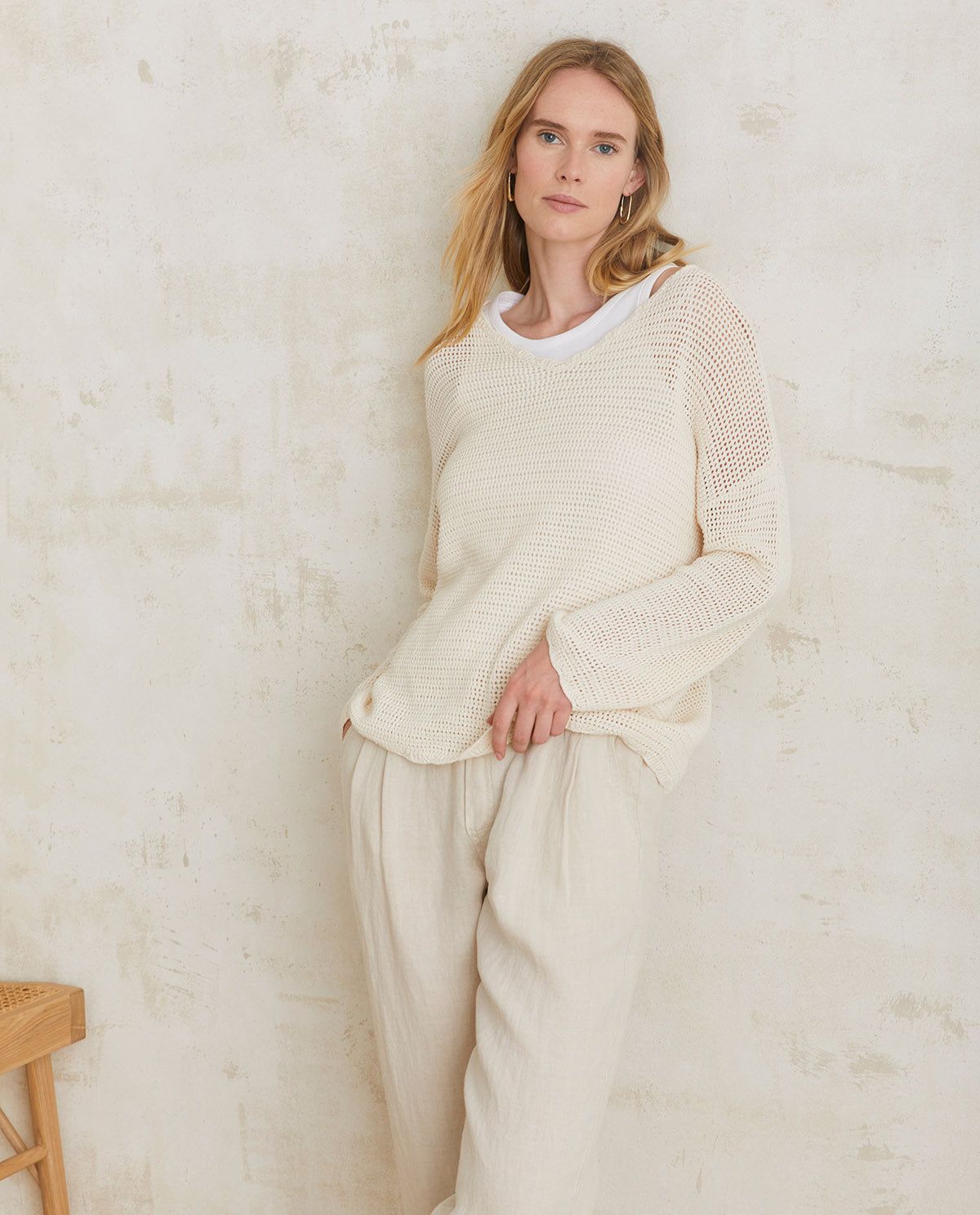 Pointelette-Baumwollpullover in Natur – Nahaufnahme #farbe_natur