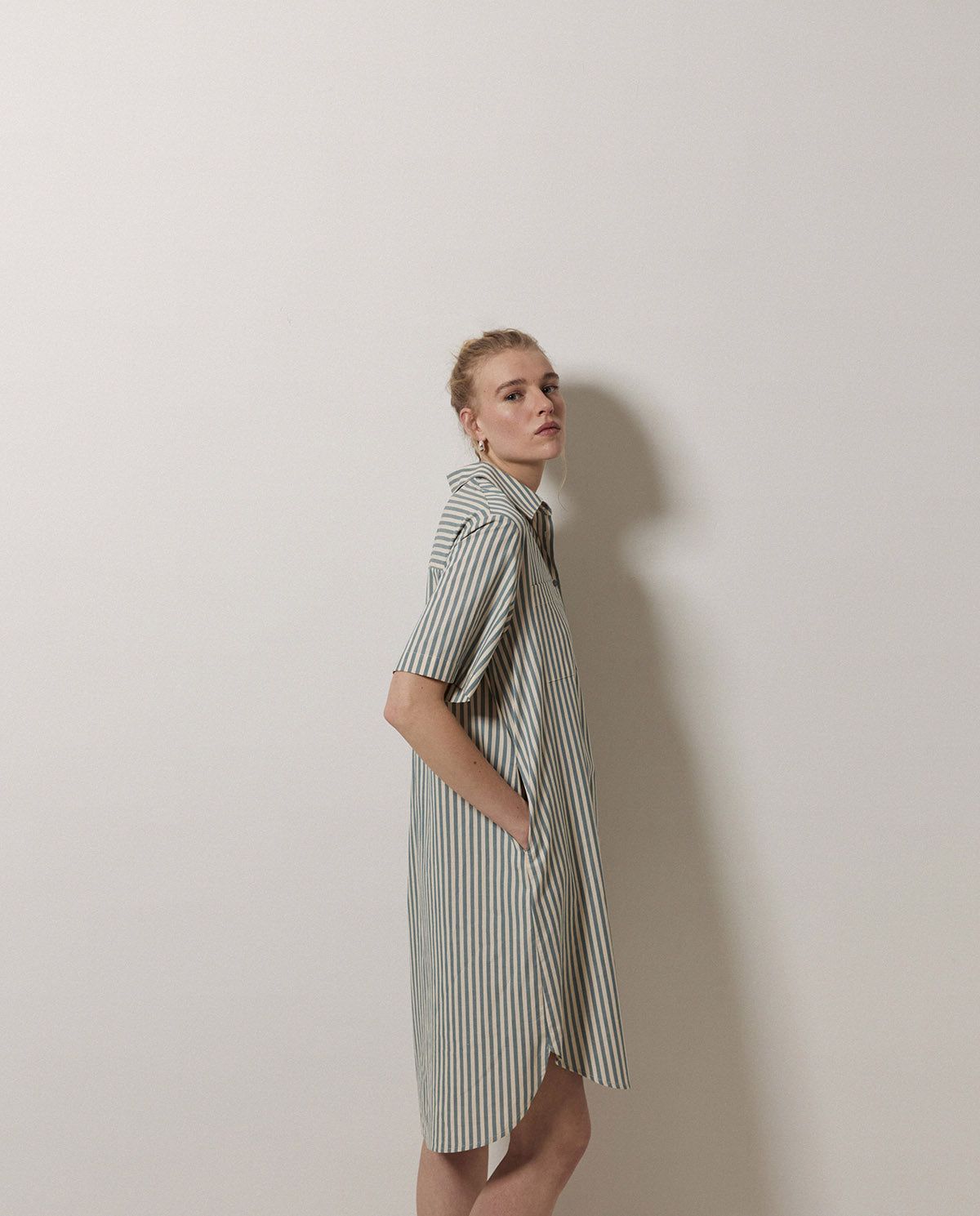 Grünes gestreiftes Hemdblusenkleid – Rückansicht