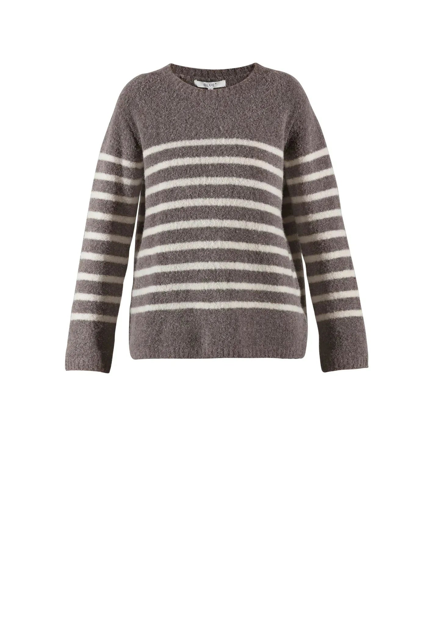 Bouclé Pullover - Gestreifter Damen Strickpullover aus hochwertiger Wolle in Braun und Weiß, ideal für stilvolle Herbst- und Winteroutfits.