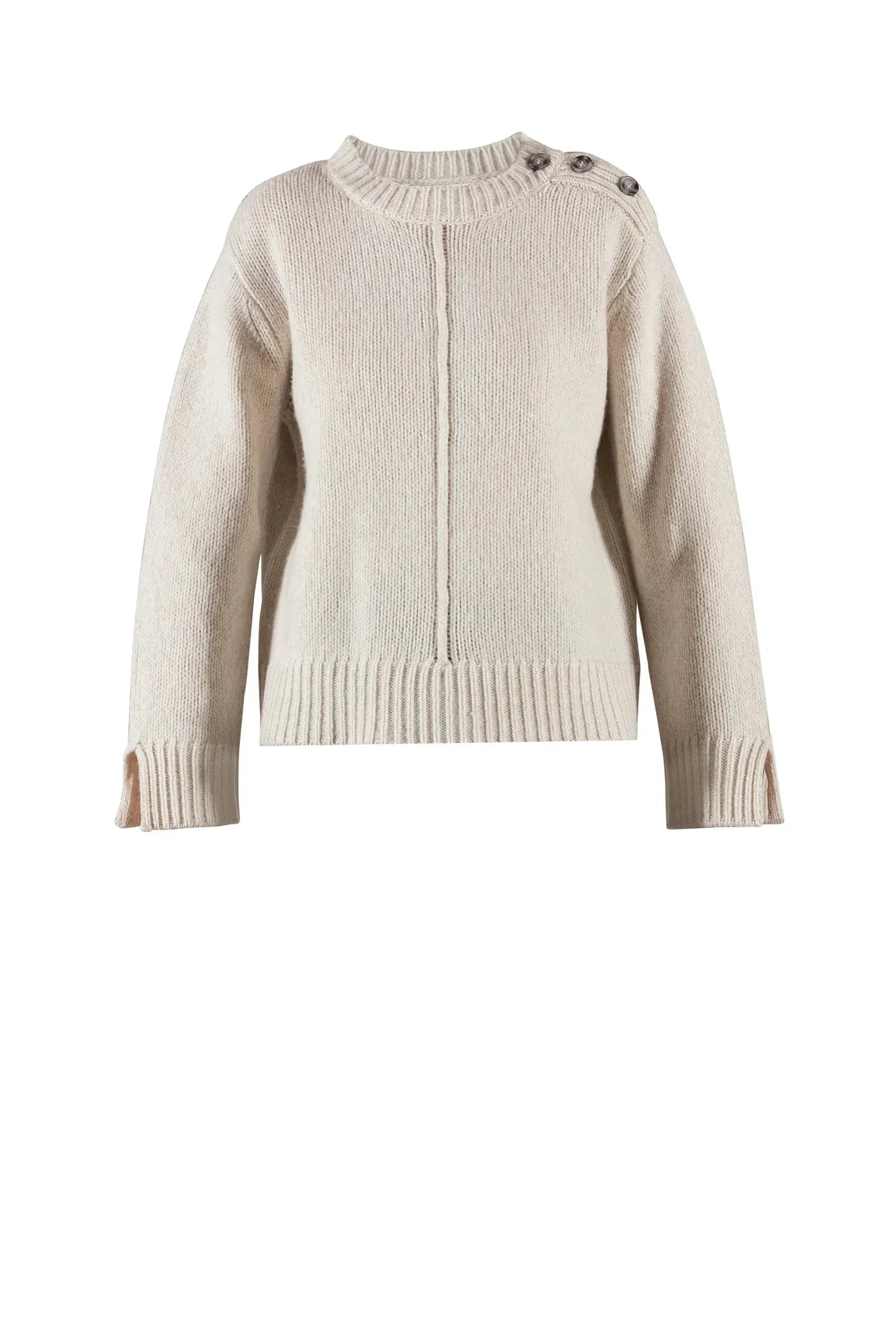 Beiger Strickpullover aus 100% Wolle mit Knopfdetails an der Schulter, klassisch geschnitten, vielseitig kombinierbar für Herbst und Winter.
