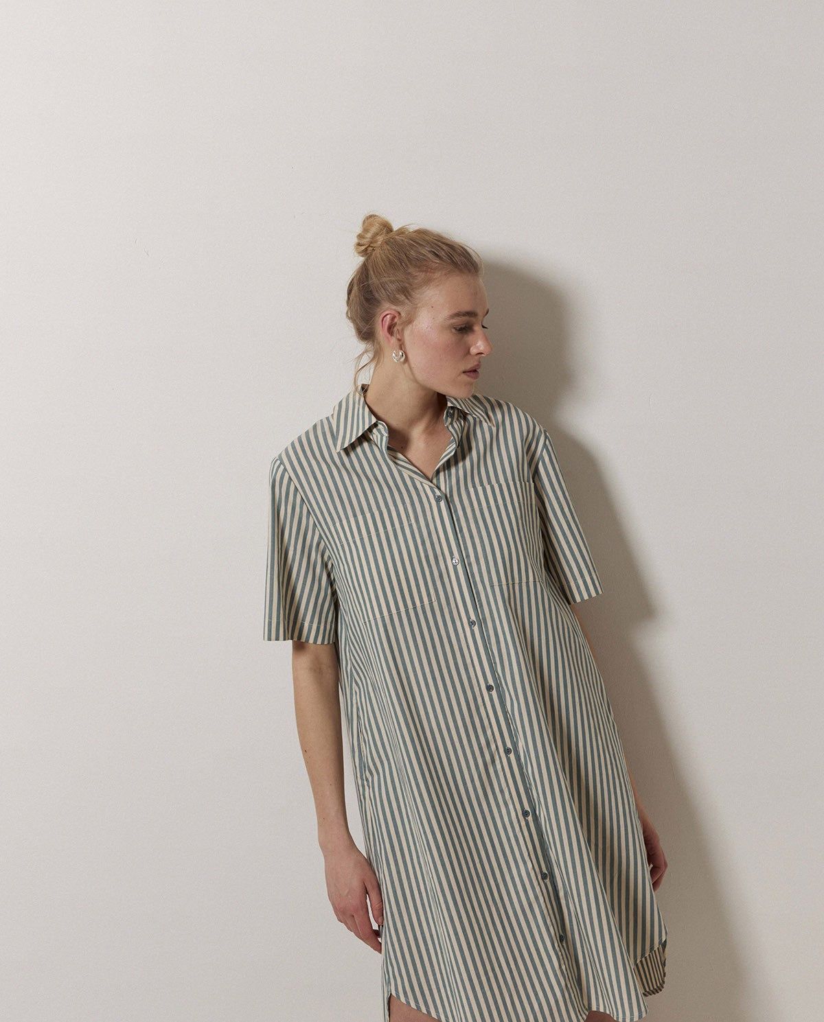 Grünes gestreiftes Hemdblusenkleid – Frontansicht