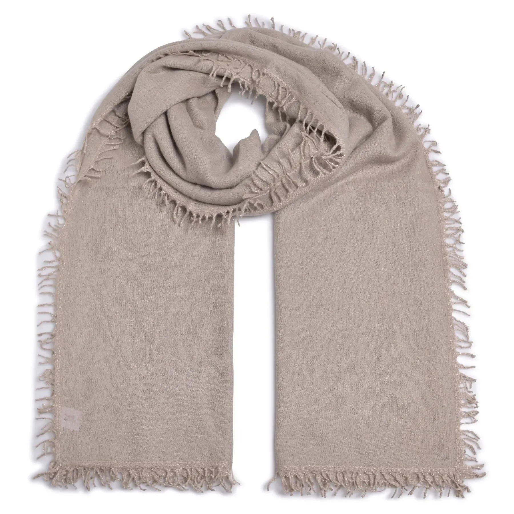 Kaschmirschal mit Lurexfäden in Cashmere – Detailansicht Verarbeitung #farbe_cashmere