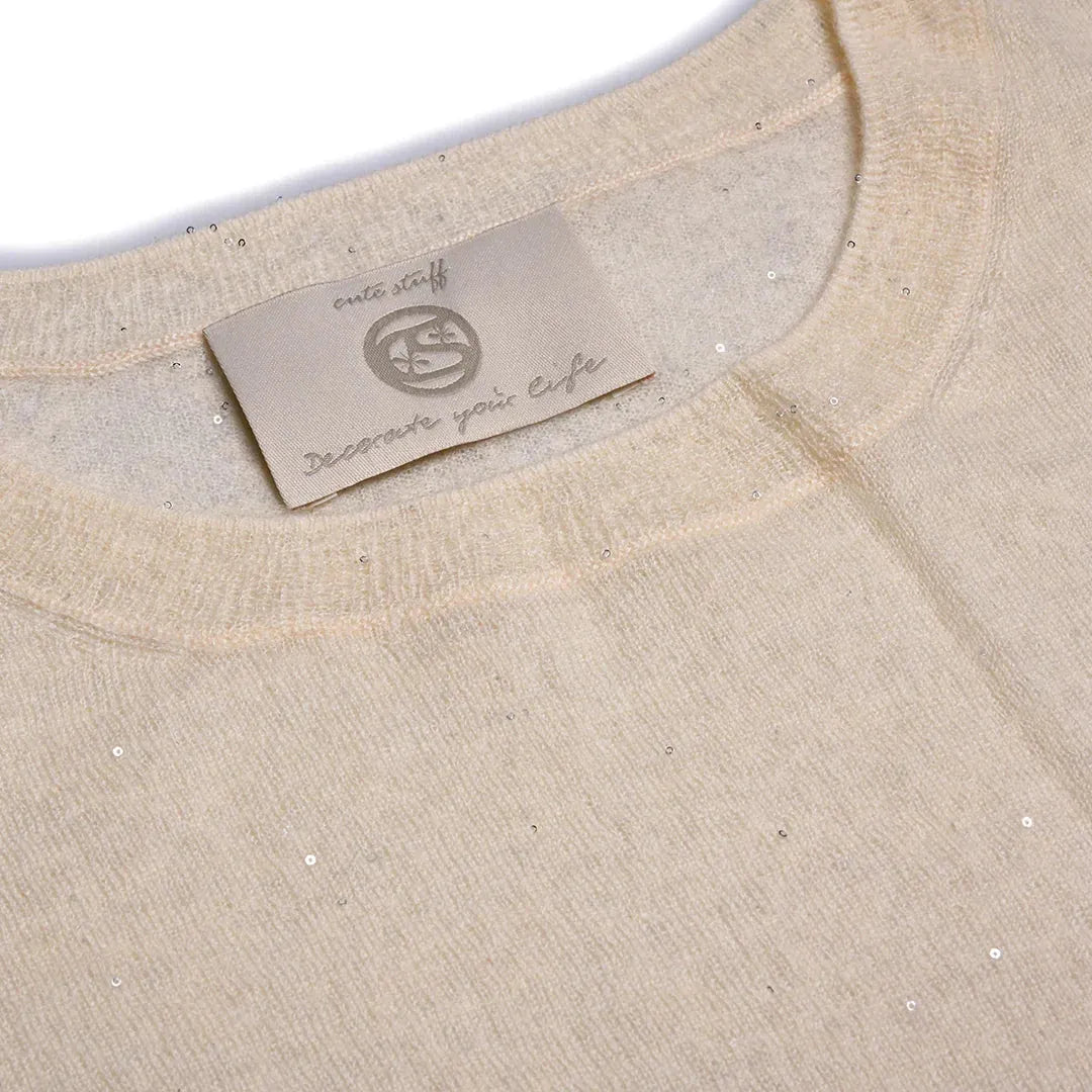 Cashmere Pullover Adele-cs Sparkle mit Pailletten in Creme – Detailansicht Stoff #farbe_creme