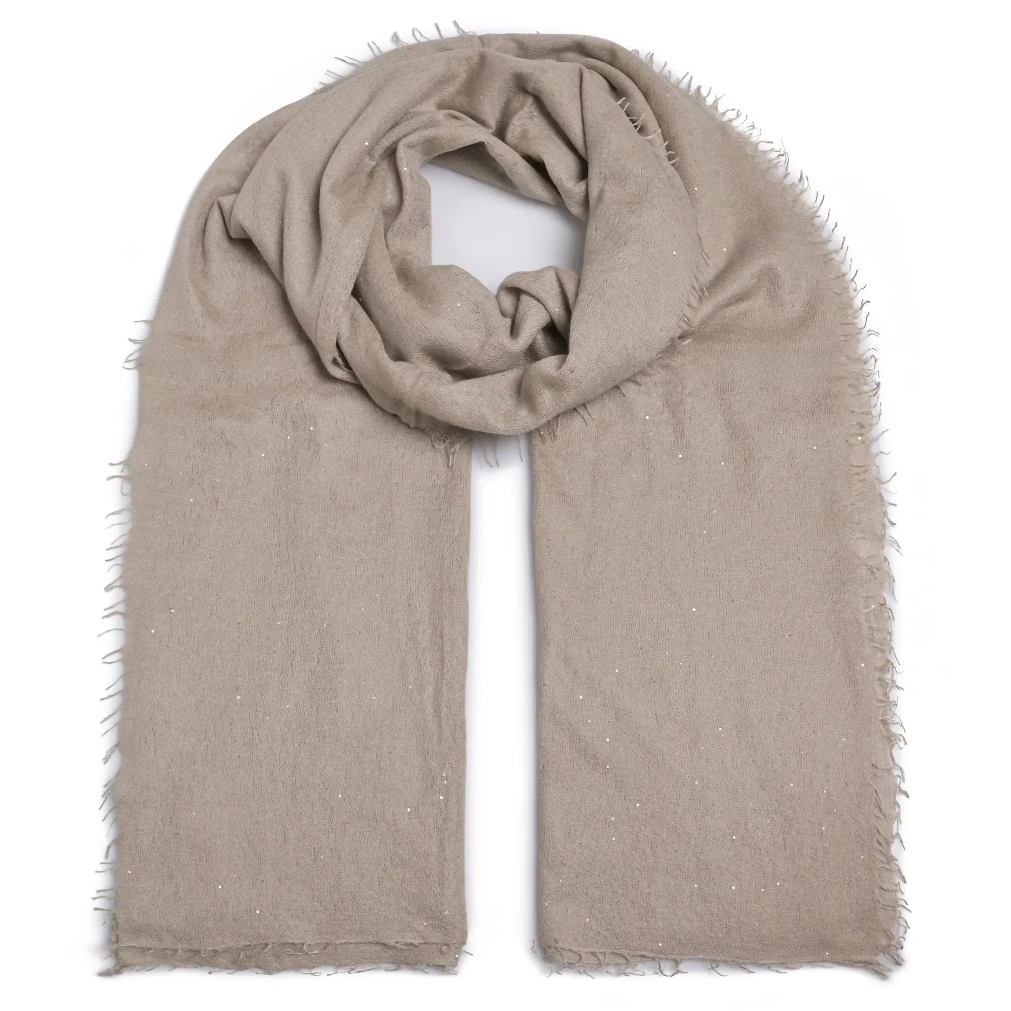 Cashmere Schal Adele-cs Sparkle mit Pailletten – Ansicht von hinten in Taupe #farbe_taupe