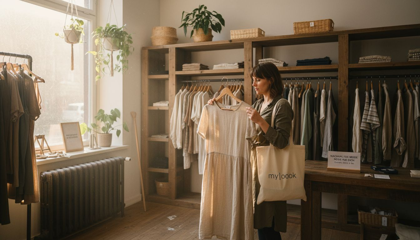 Eine Frau stöbert in einer Boutique für nachhaltige Mode.