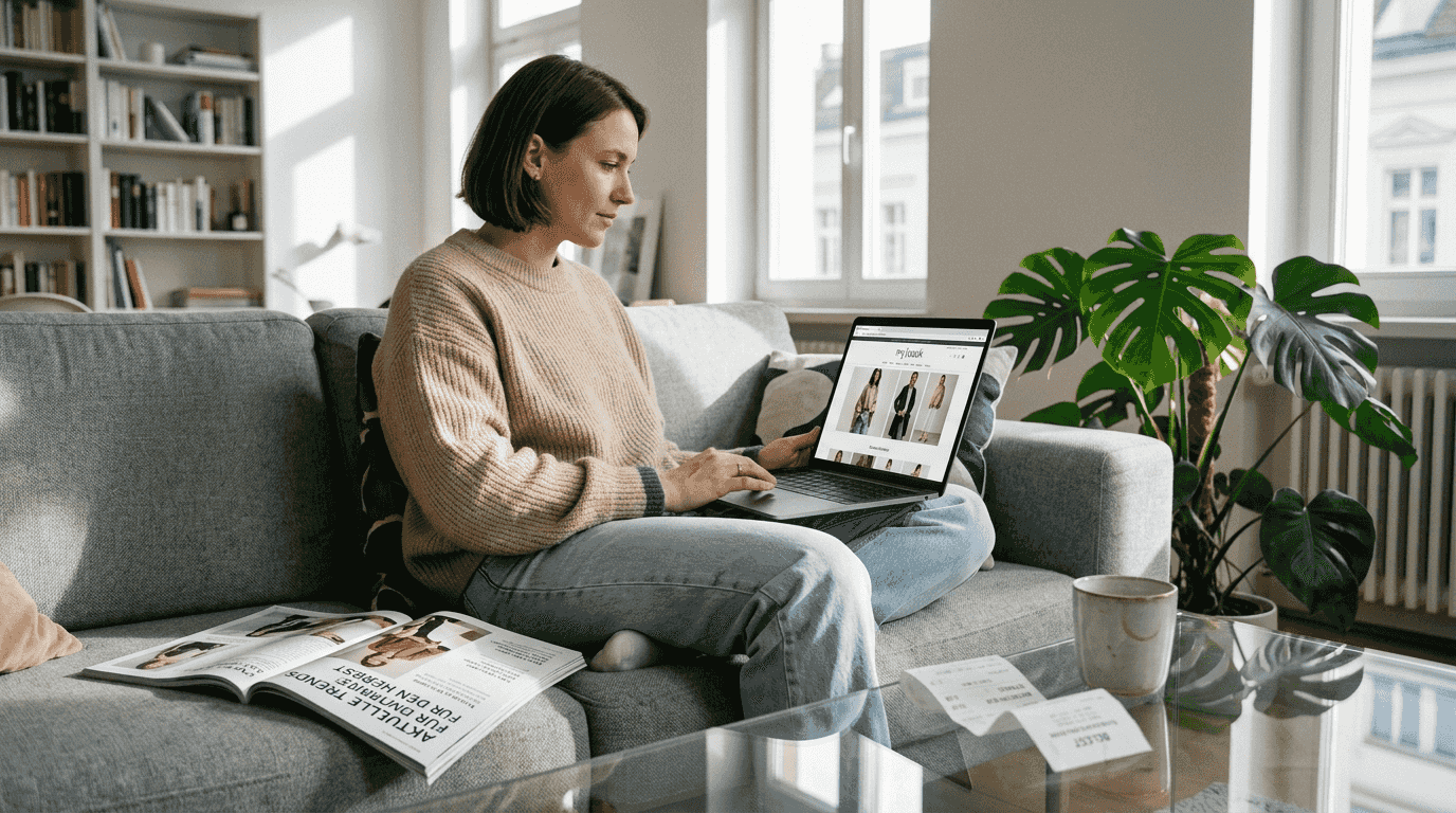 Eine Frau stöbert gemütlich von zuhause aus durch nachhaltige Mode in einem Onlineshop.
