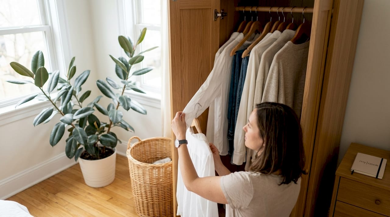 Eine Frau räumt ihren Kleiderschrank auf und ordnet zeitlose Basics neu.