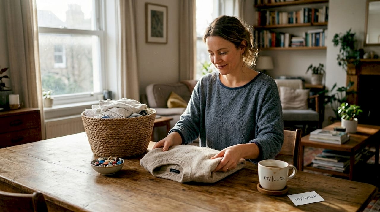 Im Wohnzimmer sitzt eine Frau und legt frisch gewaschene Pullover aus dem Wäschekorb zusammen.