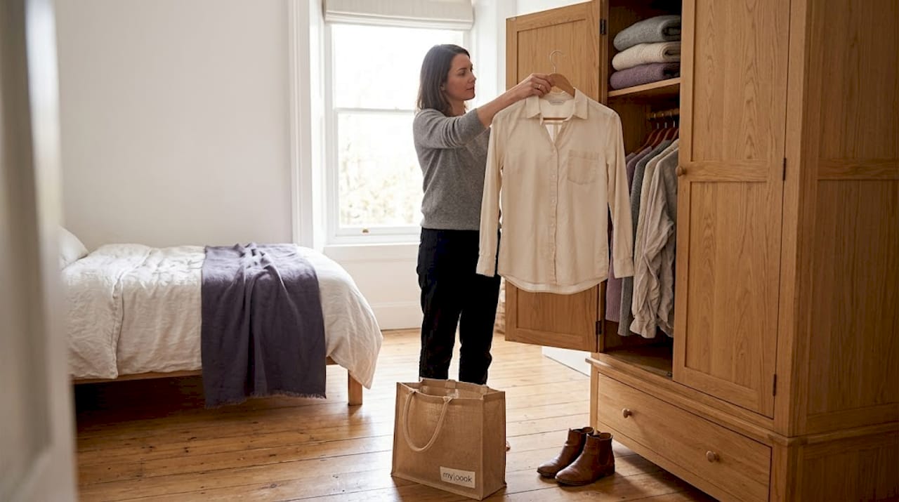 Eine Frau entscheidet sich bewusst für ein nachhaltiges Outfit aus ihrem Kleiderschrank.