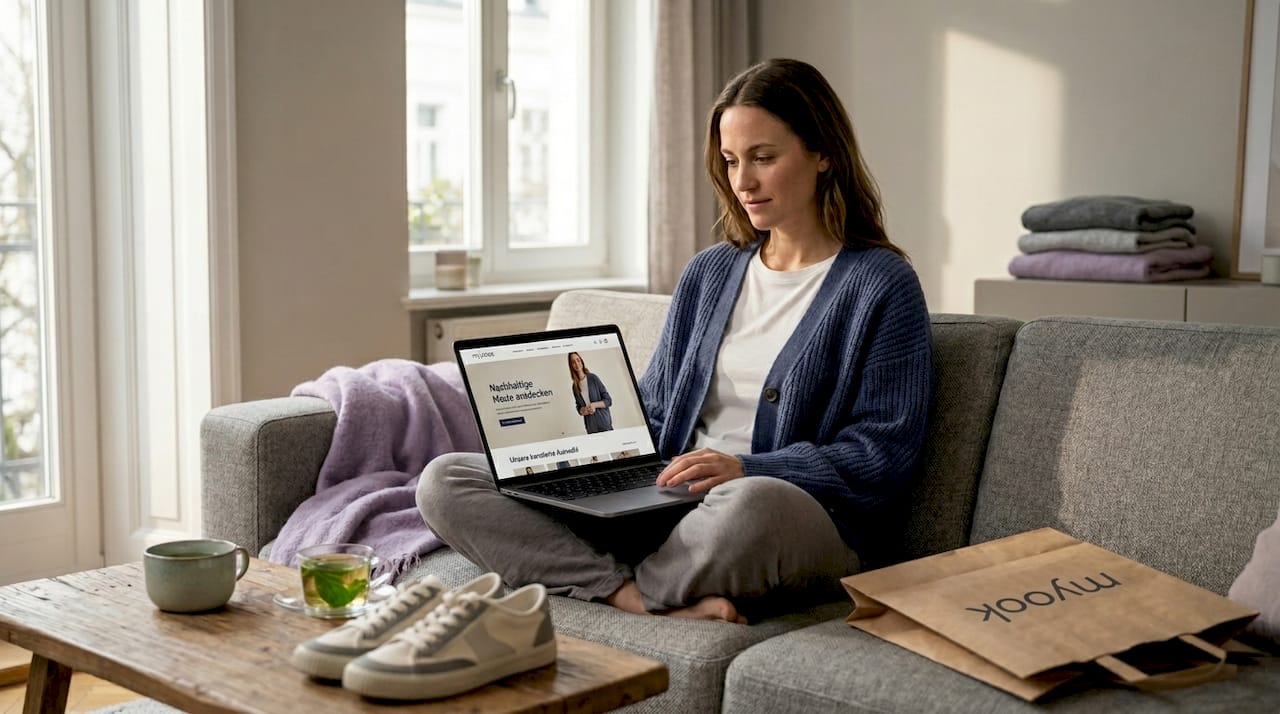 Zu Hause stöbert eine Frau am Laptop nach nachhaltiger Mode.