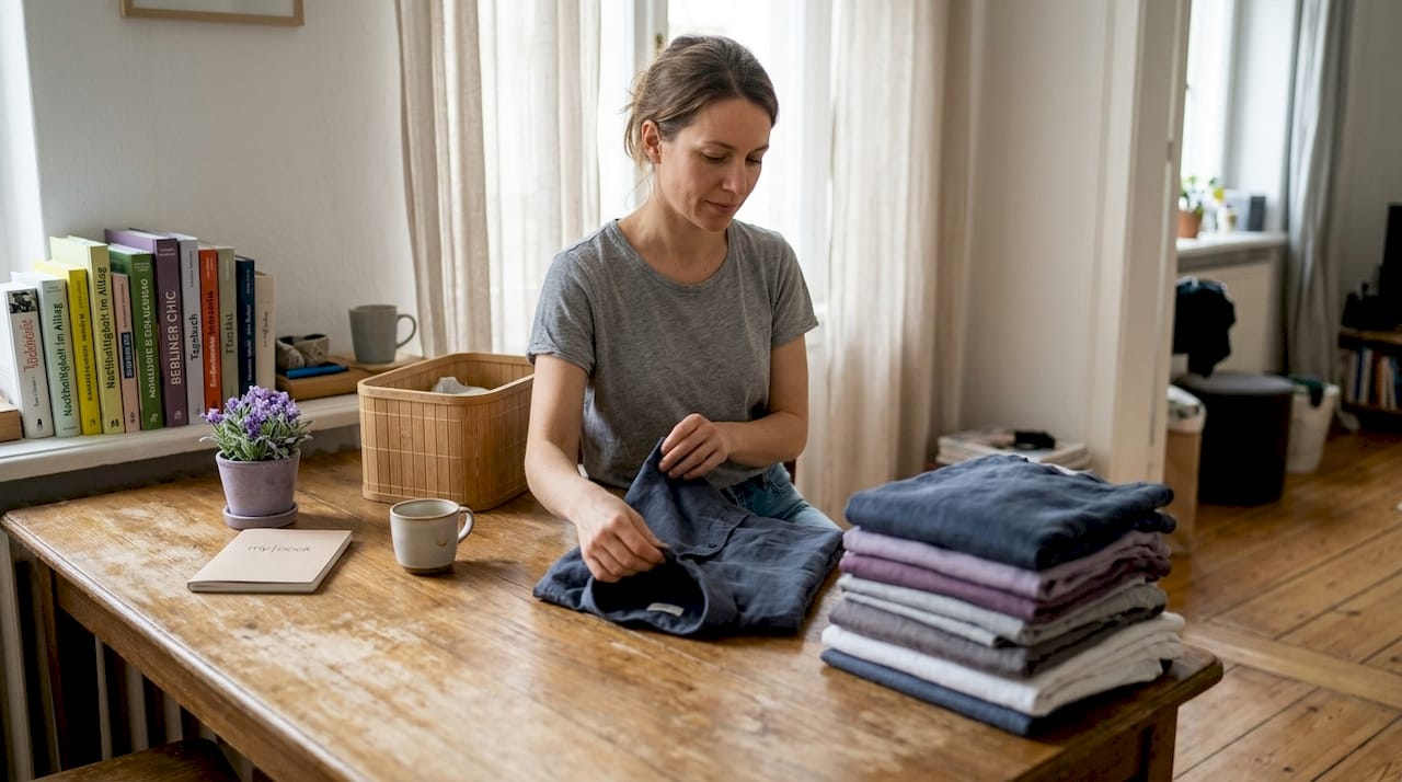 In ihrer Berliner Wohnung legt eine Frau sorgfältig ein Leinenhemd zusammen.