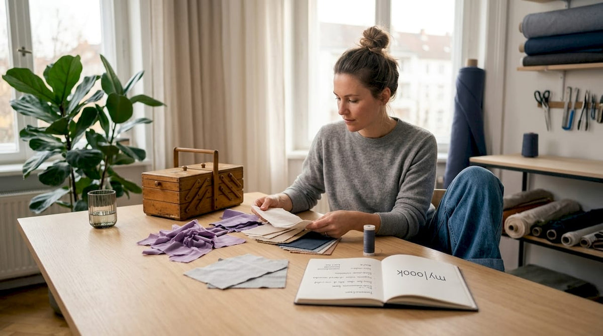 In einem lichtdurchfluteten Atelier ordnet eine Designerin Stoffmuster und lässt sich dabei von der Sonne inspirieren.