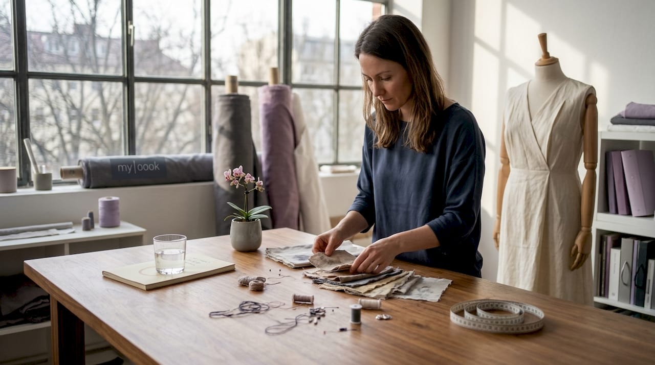 In einem lichtdurchfluteten Atelier begutachtet die Designerin verschiedene Leinenstoffe.