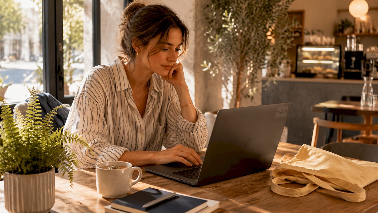 Eine Frau stöbert gemütlich von zu Hause aus durch Online-Shops für nachhaltige Mode.