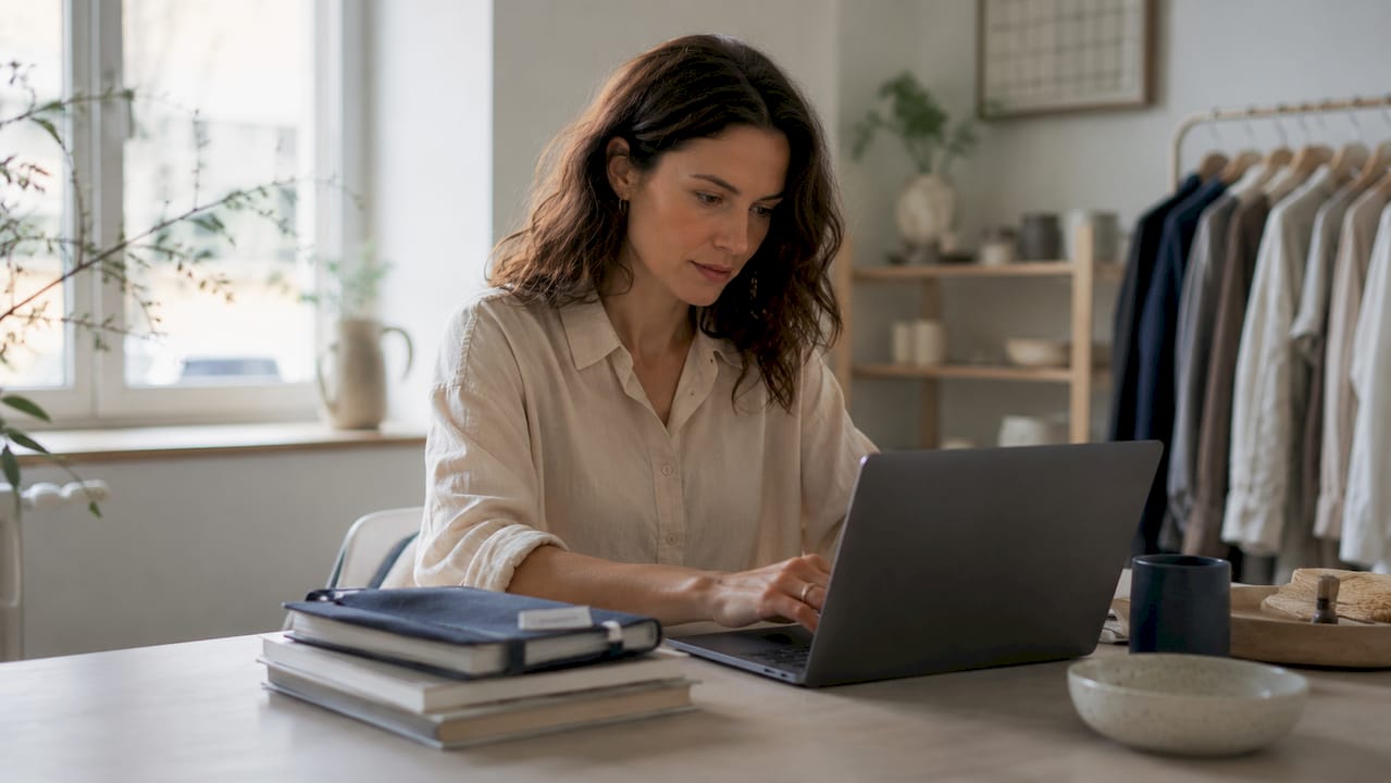Eine Frau stöbert am Laptop nach nachhaltiger Mode.