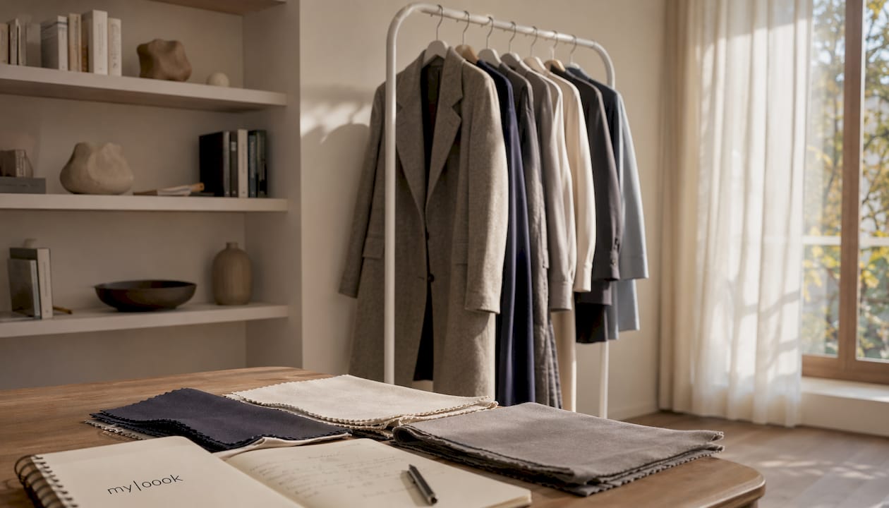 Ein Kleiderständer, bestückt mit zeitlosen Stoffen für Damenmode.