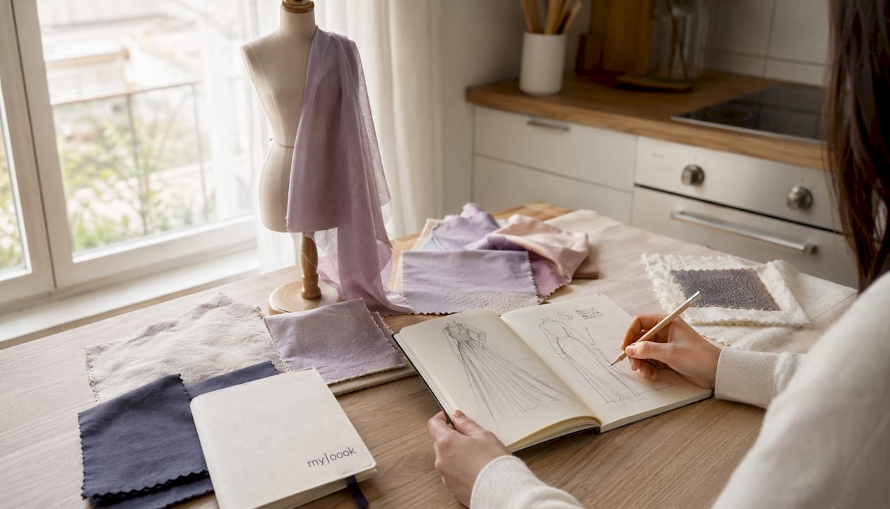 Materialproben und Entwurfsskizzen für nachhaltige Mode im Sinne des zirkulären Designs